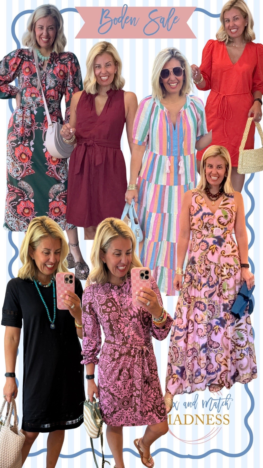 Boden SALE up to 40% off 
Sizing: 
Dresses - all size 2 except size 4 in Black T-shirt dress

#LTKdayinmylife #LTKSeasonal #LTKSaleAlert