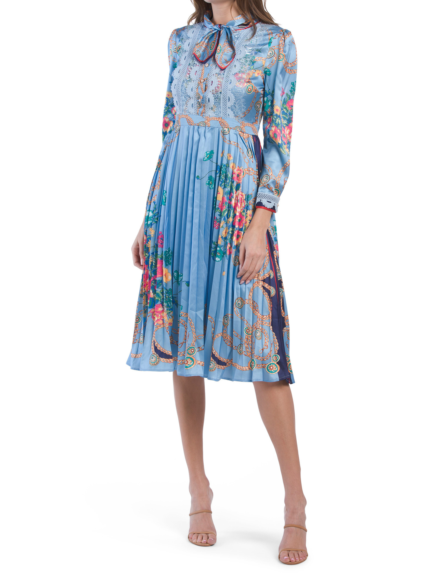 Long Sleeve Bow Tie Neck Pleat Skirt Dress | TJ Maxx