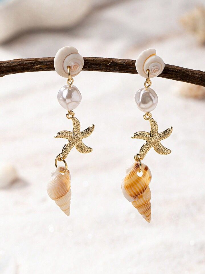 1 Pair Cool Summer Vocation Sea Starfish Conch Shell Dangle Earring Beach Jewelry Pool Party Earr... | SHEIN