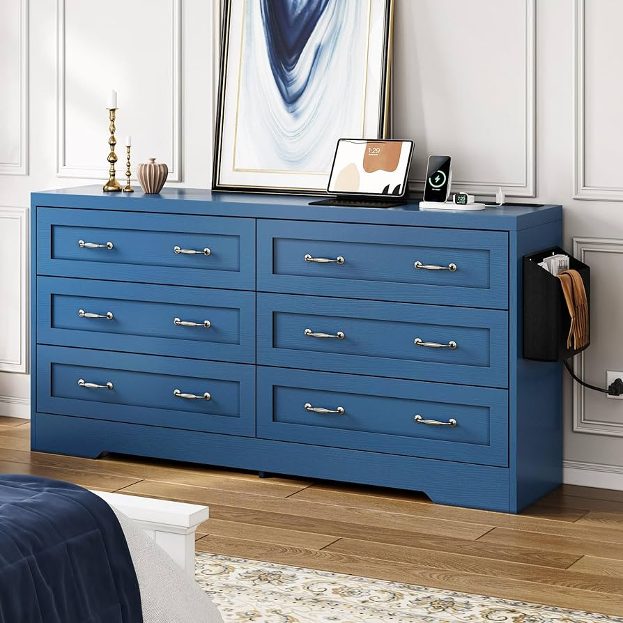 DWVO Blue 6 Drawer Dresser, 59" W Large Vintage Double Dresser Chest of Drawers with Charging Sta... | Amazon (US)