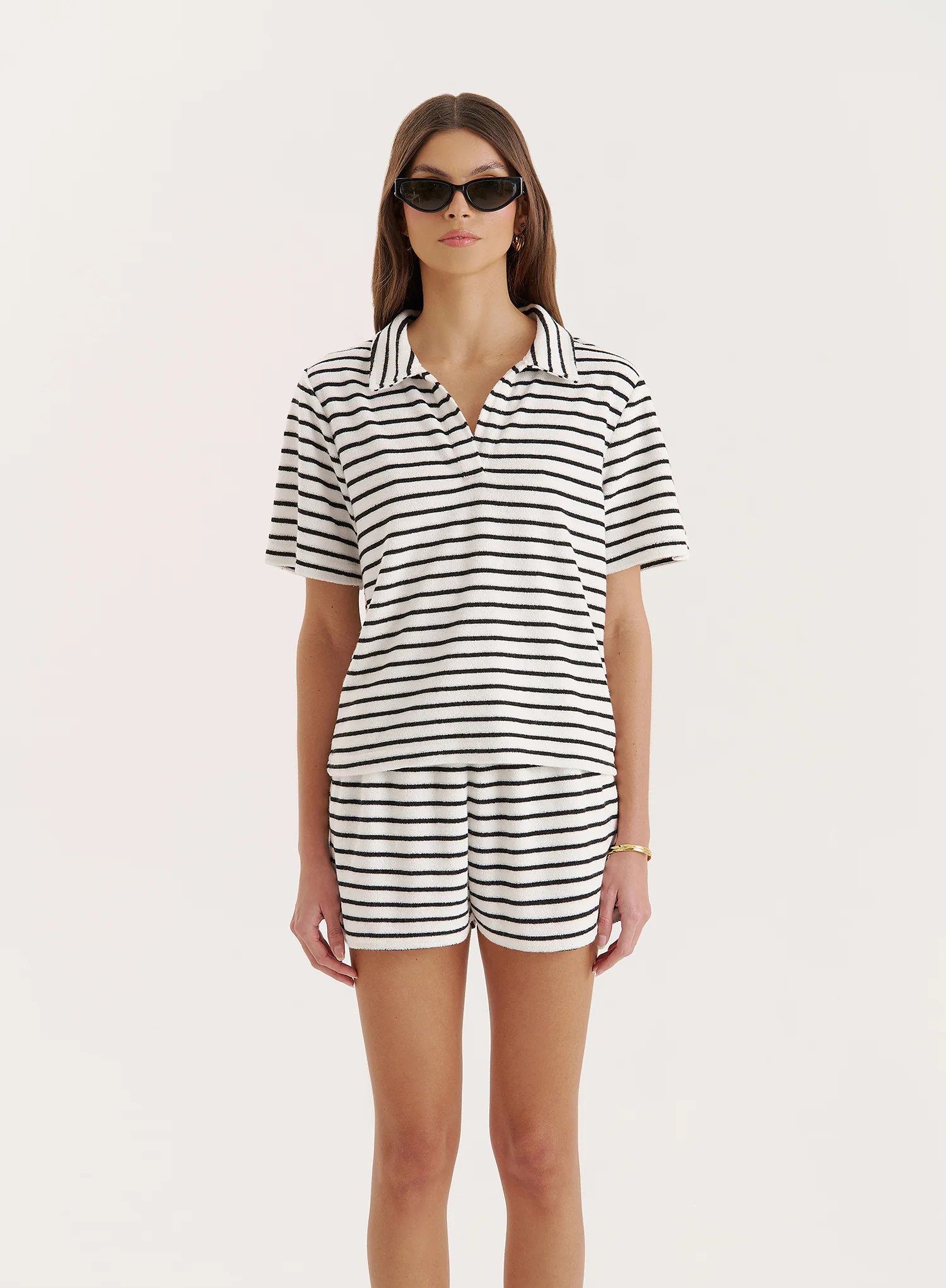 Black And White Stripe Towelling Branded Short- Zita | 4th & Reckless