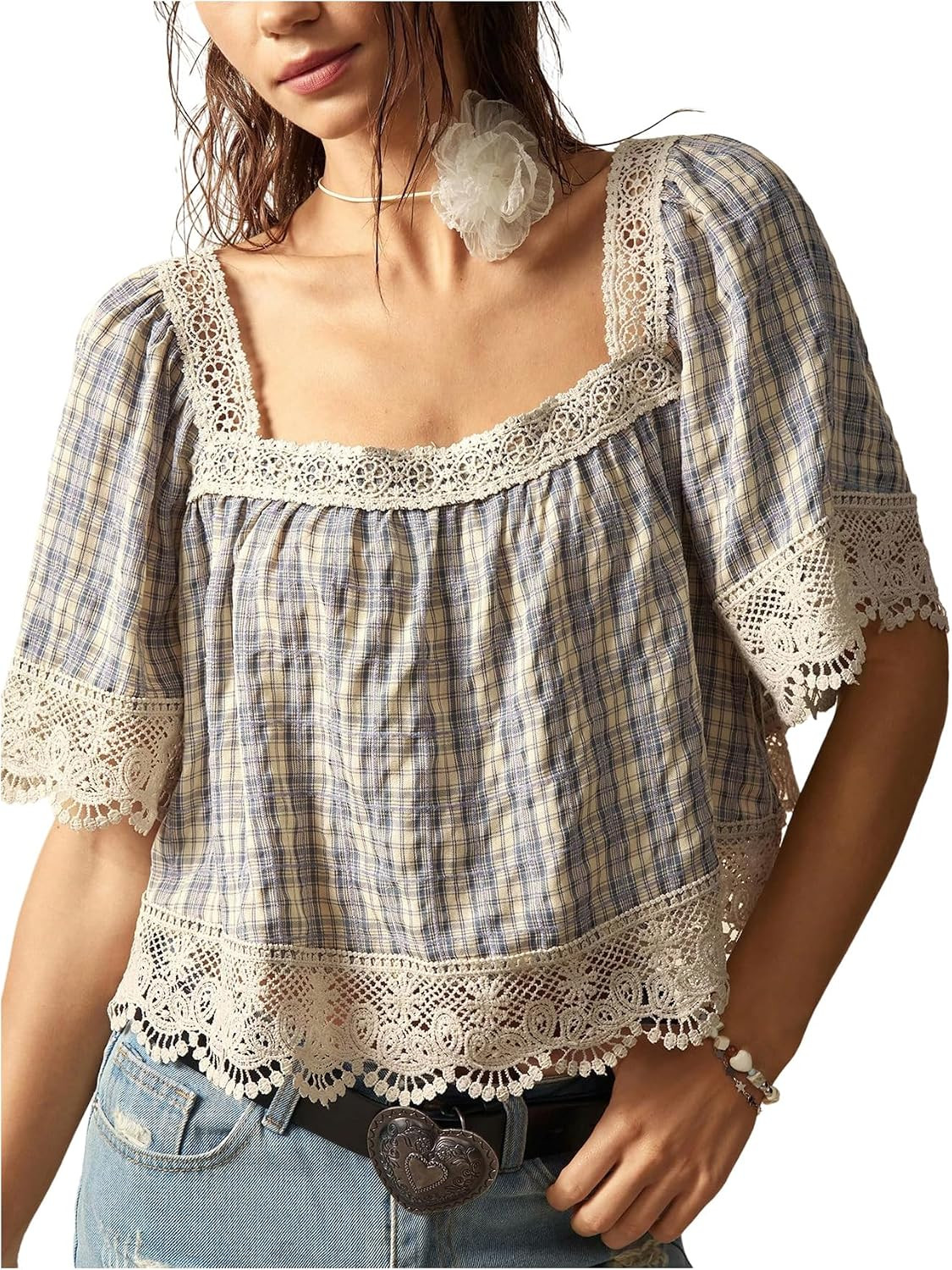 SHENHE Women's Plaid Blouse Crochet Lace Square Neck Cottagecore Crop Top | Amazon (US)