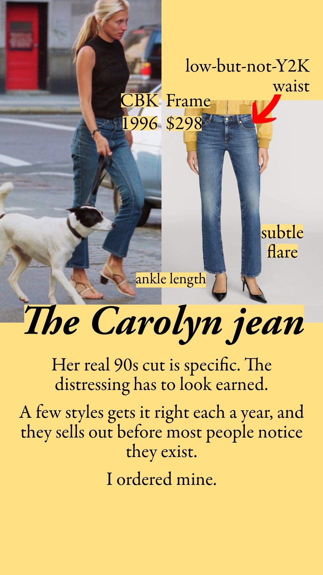 Her real 90s cut is specific: ankle length, subtle flare, low-but-not-Y2K waist, skims the hip instead of gripping it, distressing that looks earned.
A few styles gets it right each a year, and they sells out before most people notice they exist.

#LTKWorkwear #LTKSeasonal #LTKTravel