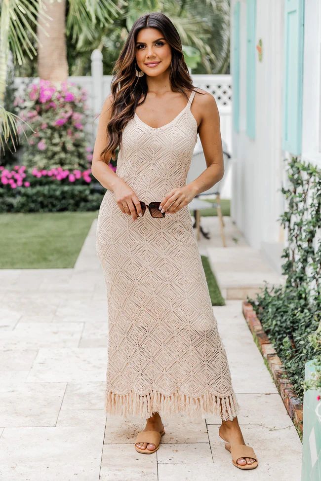 Want Your Love Taupe Crochet Fringe Midi Dress | Pink Lily