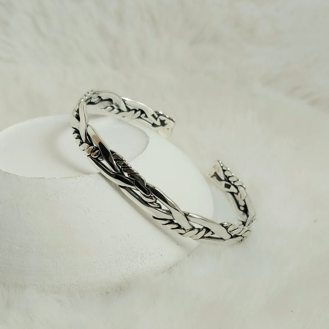 925 Sterling Silver Men's Handmade Braided Patterned Adjustable Cuff Bracelet, Valentine's Day Gi... | Etsy (US)