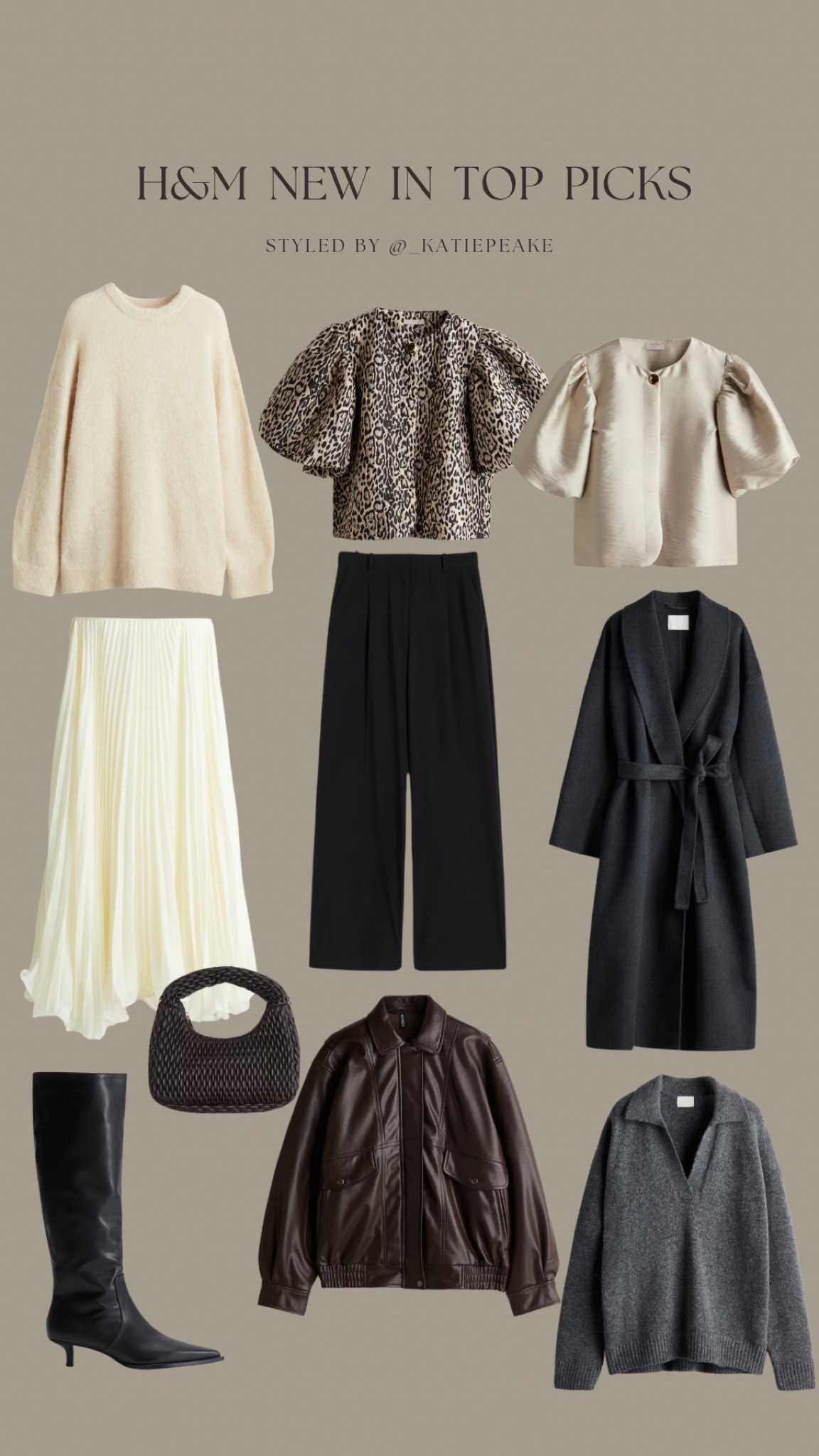 H&M new in top picks 🤍🍂

Pleated skirt, nice top, black trousers, grey coat, leather jacket, knee high boots, grey jumper, puff sleeve top, leopard print, cream jumper 

#LTKstyletip #LTKautumn #FashionMonth