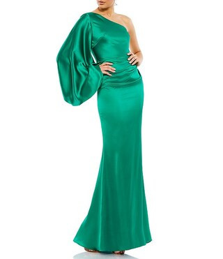 Satin Asymmetrical Neck Long Sleeve Sheath Gown | Dillard's