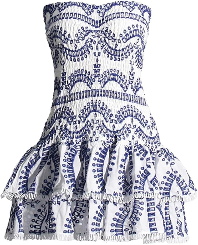 Tube Top Preppy Dress Women Y2k Blue Floral Strapless Mini Dress Vintage Short Going Out Dresses | Amazon (US)