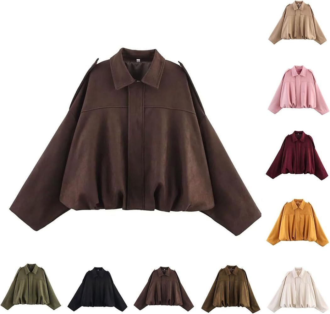 Faux Suede Jacket Women Fall Fashion 2025 Lightweight Bomber Jackets Lapel Collar Zipper Oversize... | Amazon (US)