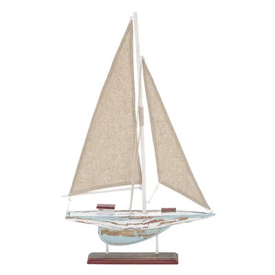 Tarangini Wood Distressed Sail Boat Blue Decorative Sculpture with Cream Linen Sails and Brown Accents | Wayfair North America