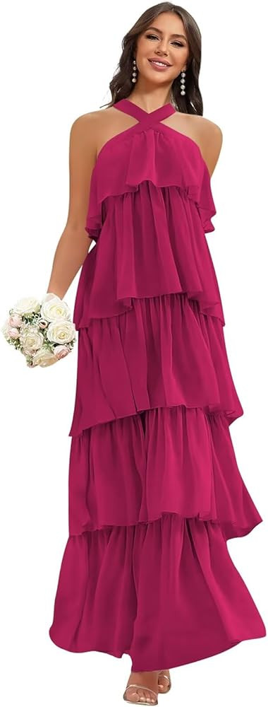 VGZ Halter Chiffon Bridesmaid Dresses for Women Tiered Ruffle Long Formal Evening Gown | Amazon (US)