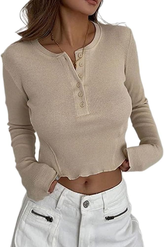 Women’s Long Sleeve Henley Shirts Y2K Button Down Cropped T Shirt Slim Fit Ribbed Knit Tee Tops | Amazon (US)