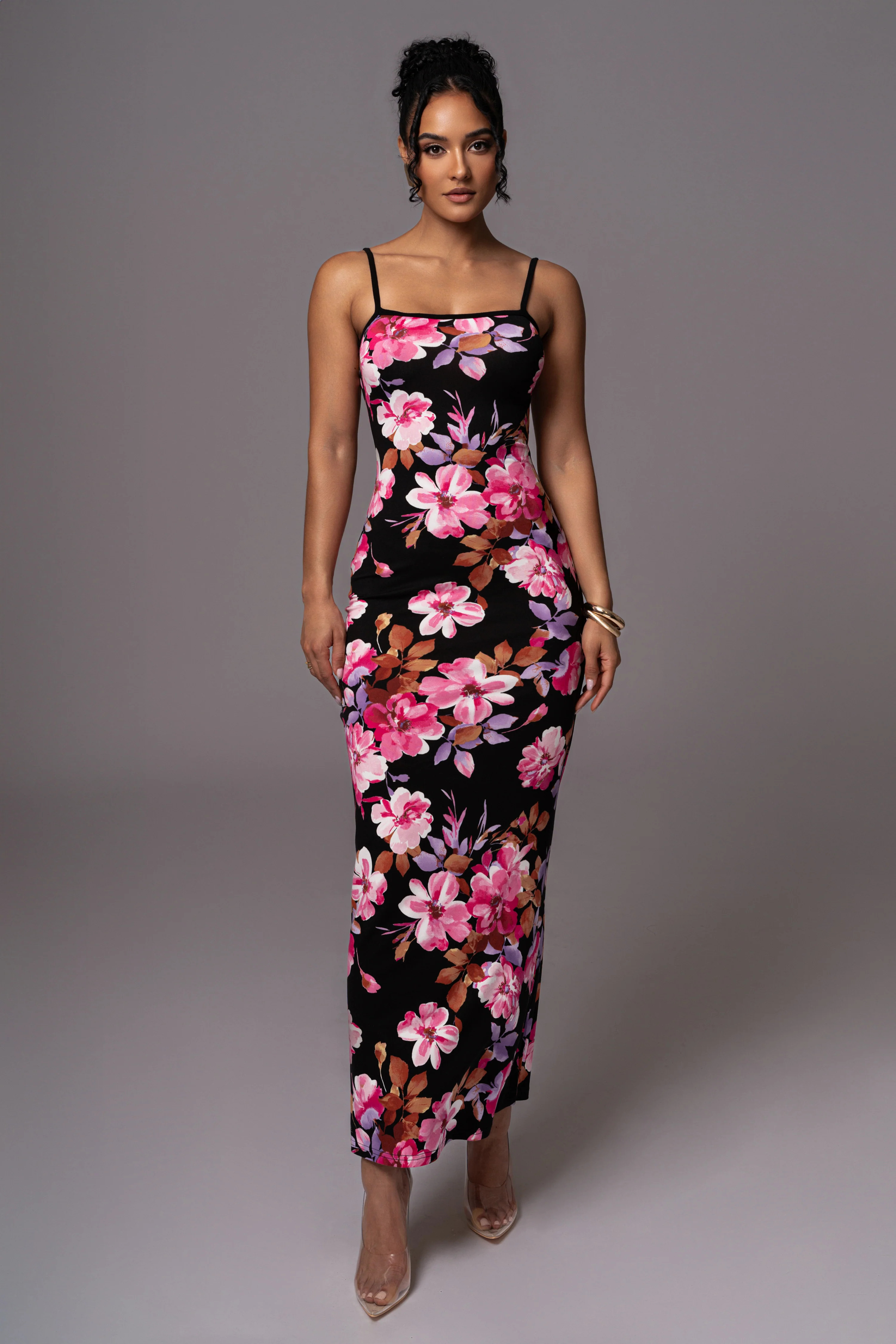 Black Floral Smooth Simplicity Maxi Dress | JLUXLABEL