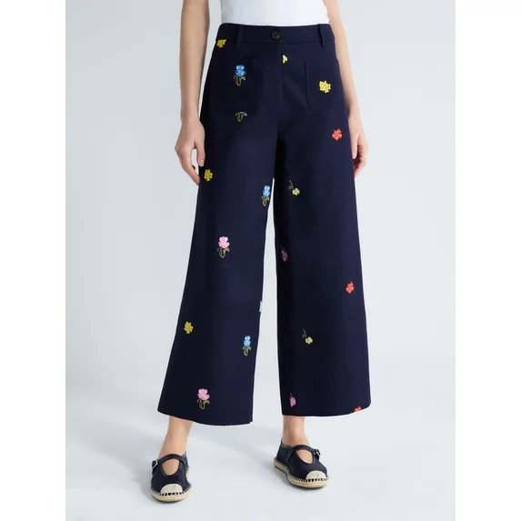 Free Assembly Women's Embroidered Wide Leg Cropped Pants, 26" Inseam, Sizes 0-18 | Walmart (US)