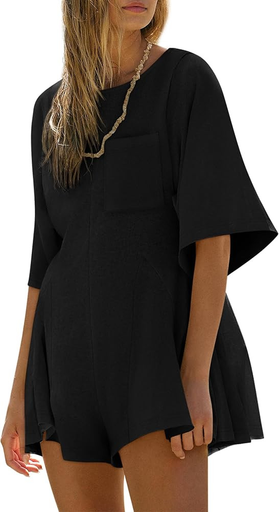 Yousify Rompers for Women Summer Outfits Slim Fit Short Sleeve Crew Neck Jumpsuits with Pocket | Amazon (US)