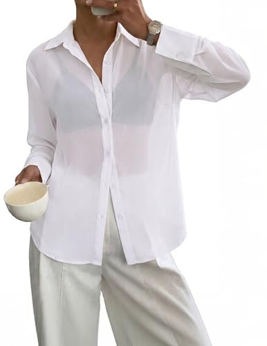 Totatuit Women's Sheer Button Up Blouse See Through Tops Sexy Button Down Shirt Beach Cover Up White | Amazon (US)