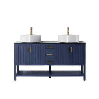 ROSWELL Modena 60 in. Vanity in Blue with Tempered Glass Top in Black with White Vessel Sink | The Home Depot