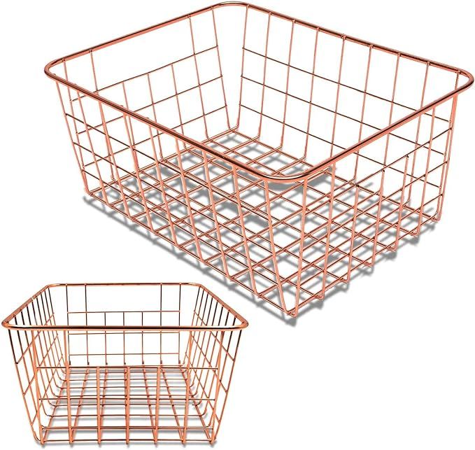 Vlish - 2 Rose Gold Wire Baskets, Rose Gold 2 Pack Wire Basket Set, Storage Decor Crafts Kitchen ... | Amazon (US)