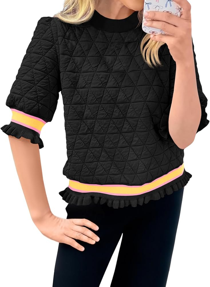 Fisoew Womens Quilted Pattern Cropped Sweatshirts Casual Crewneck Half Lantern Sleeve Textured Ru... | Amazon (US)
