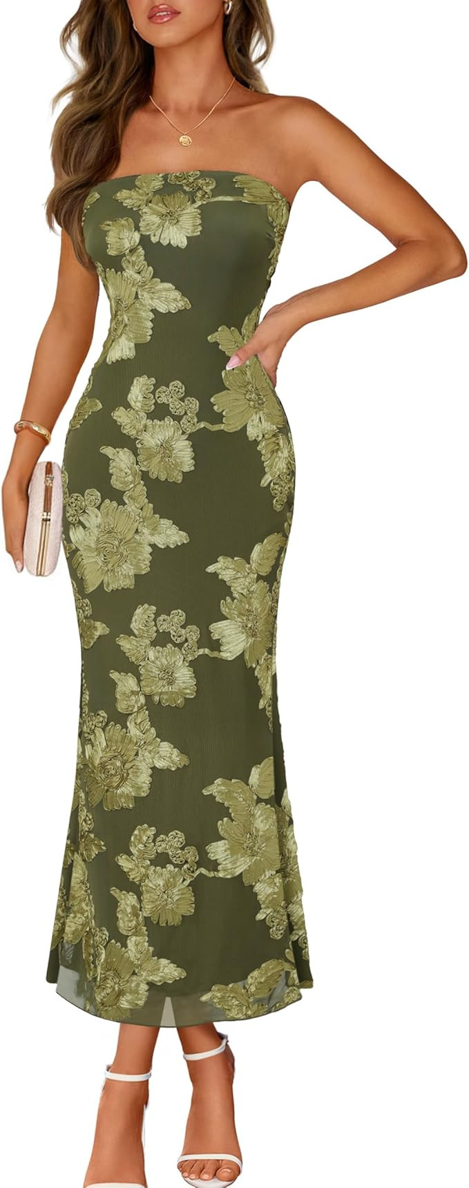 MEROKEETY Women's Floral Strapless Maxi Dress 2026 Summer Mesh Tube Bodycon Formal Wedding Guest ... | Amazon (US)