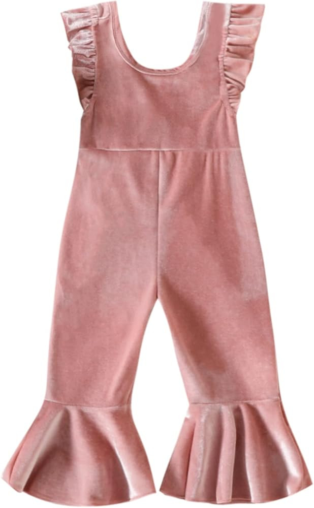 Mubineo Toddler Baby Girl Basic Plain Crushed Velvet Bell Bottom Overalls Ruffle Romper Jumpsuit | Amazon (US)