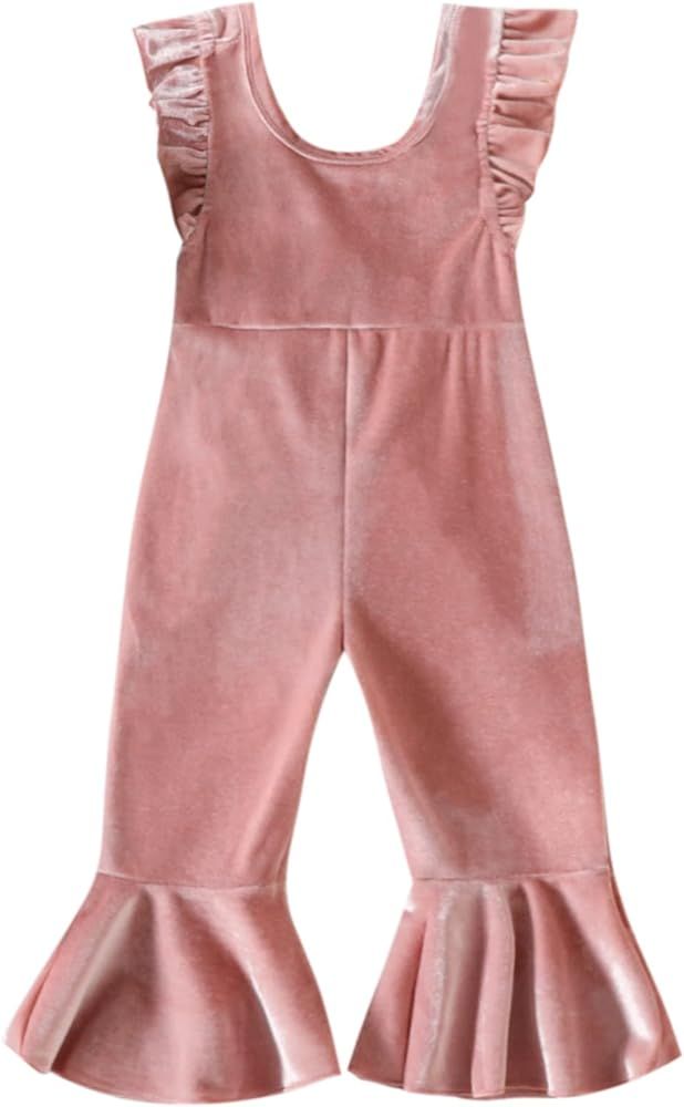 Mubineo Toddler Baby Girl Basic Plain Crushed Velvet Bell Bottom Overalls Ruffle Romper Jumpsuit | Amazon (US)