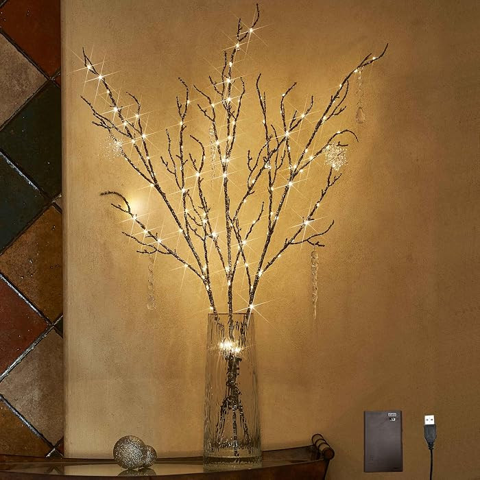Lighted Willow Branches Silver Glittered 32IN 120 LED with Timer Battery Operated and USB Plug in, Tree Branch with Fairy Lights for Home Room Christmas Decoration | Amazon (US)