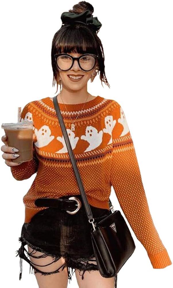 YEMOCILE Knitted Sweater for Women with Cute Ghost Pattern Gothic Streetwear with Long Sleeves fo... | Amazon (US)
