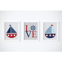 Baby Boy Nursery Art, Nautical Decor, Red Navy Blue Set Of 3 Art | Etsy (US)