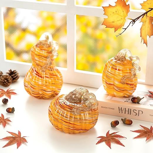 glitzhome Set of 3 Hand Blown Art Glass Pumpkins Figurine Collectibles for Fall Harvest Thanksgiv... | Amazon (US)