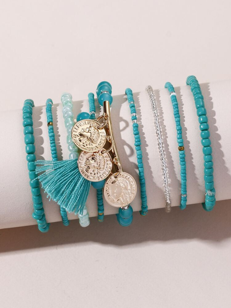 9pcs Coin & Tassel Charm Beaded Bracelet
       
              
              $2.30        
    $... | SHEIN