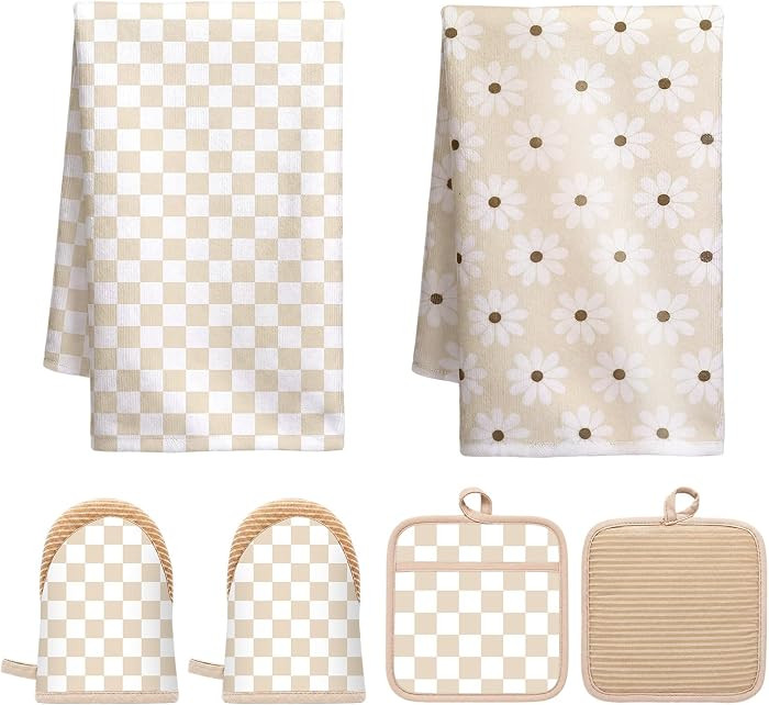 Hushee 6 Pcs Beige Checkered Silicone Kitchen Decor Set Include Gingham Boho Dish Towel Cute Sili... | Amazon (US)