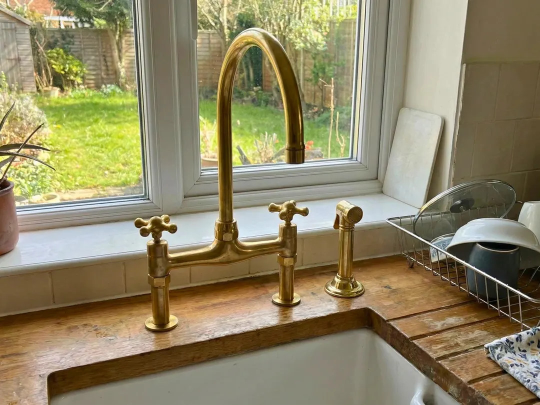 Unlacquered Brass Bridge Faucet, Vintage Kitchen Sink Faucet With Sprayer, Antique Style Faucet -... | Etsy (US)