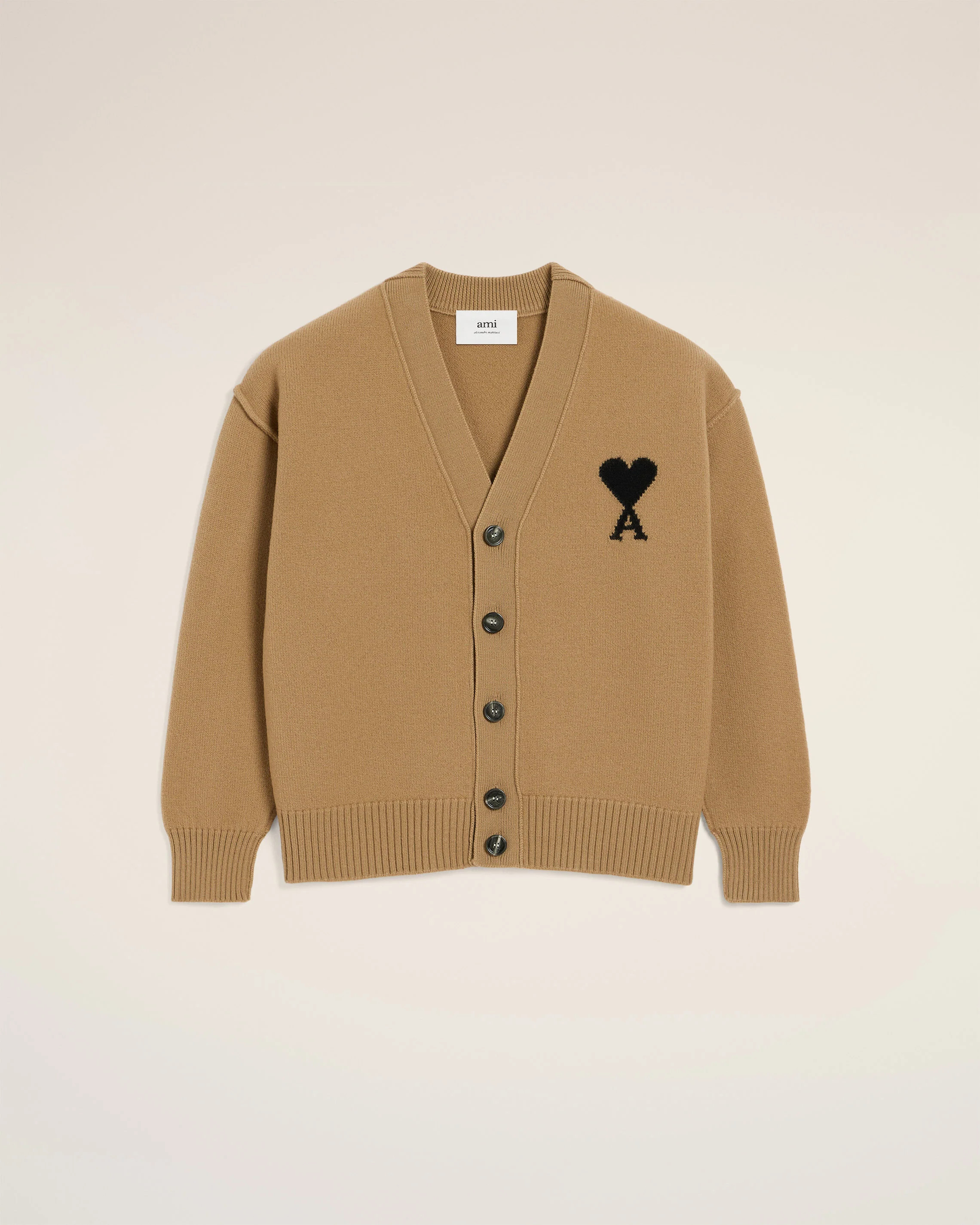 CAMEL/BLACK Brown Wool Ami De Coeur Cardigan | AMI PARIS | AMI Paris FR