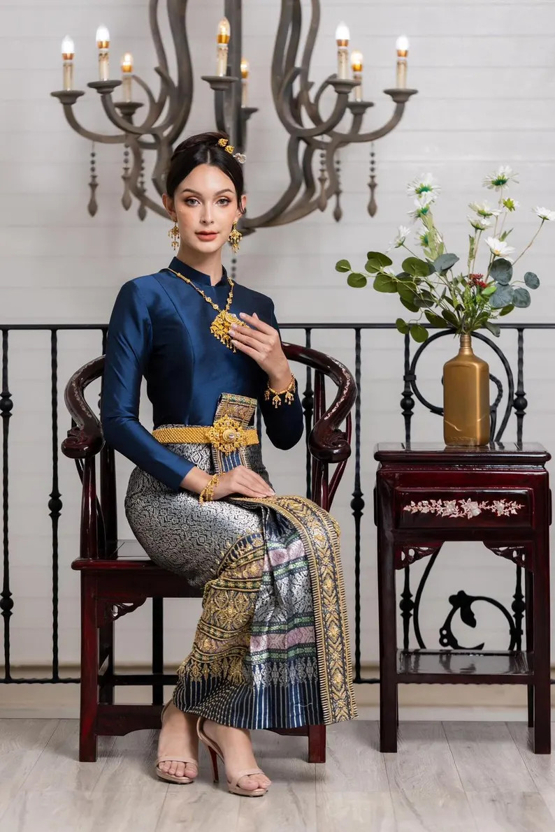 Luxury Thai Boromphiman Silk Dress – Royal Blue Handwoven Lamphun Silk, Traditional Court Style... | Etsy (US)