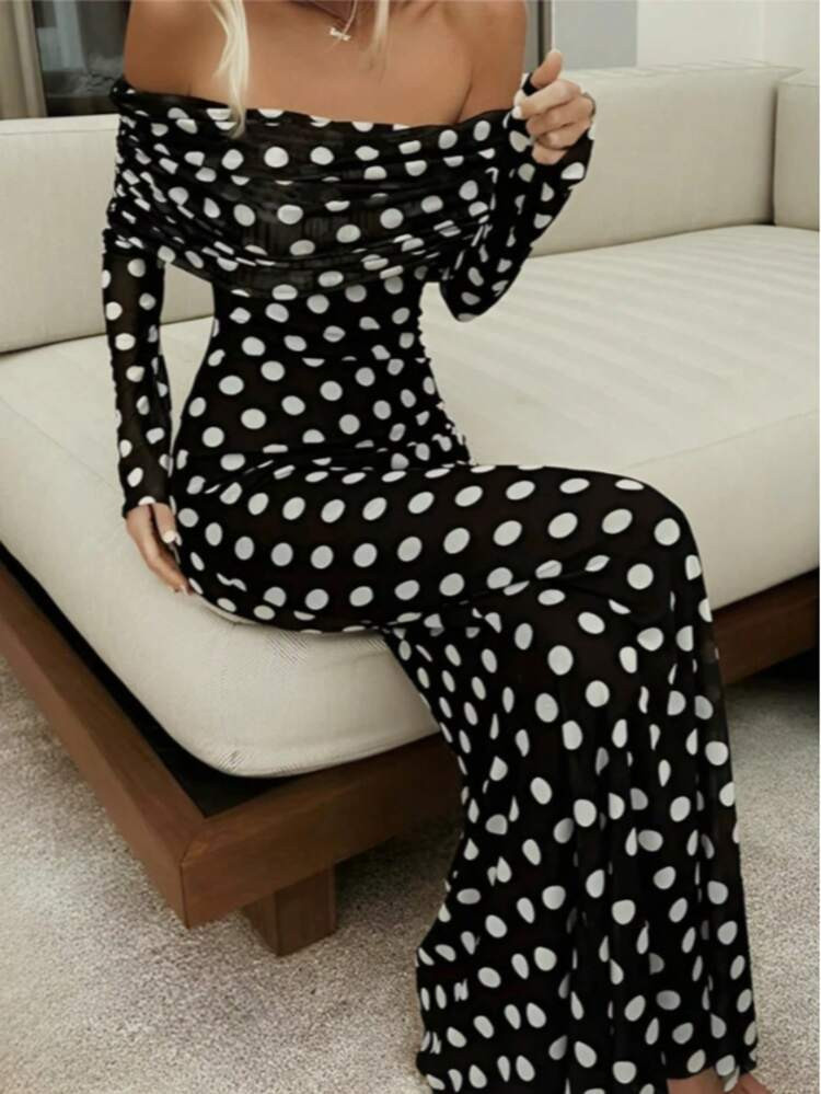 Women's Young, Fashionable, Romantic, Elegant Long Sleeved Classic Polka Dot Pattern Off Shoulder Texture Crochet Hole Design Long Polka Dot Dress | SHEIN