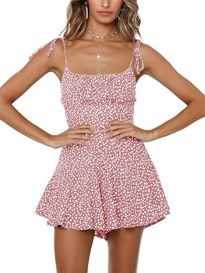 Jeanewpole1 Women's Boho Floral Wide Leg Short Romper Spaghetti Strap Smocked Jumpsuit | Amazon (US)
