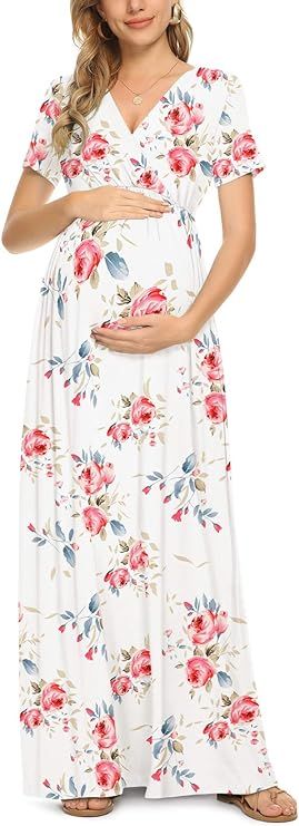 Xpenyo Maternity Maxi Dress Women Casual Wrap Long Baby Shower Pregnancy Dresses | Amazon (US)