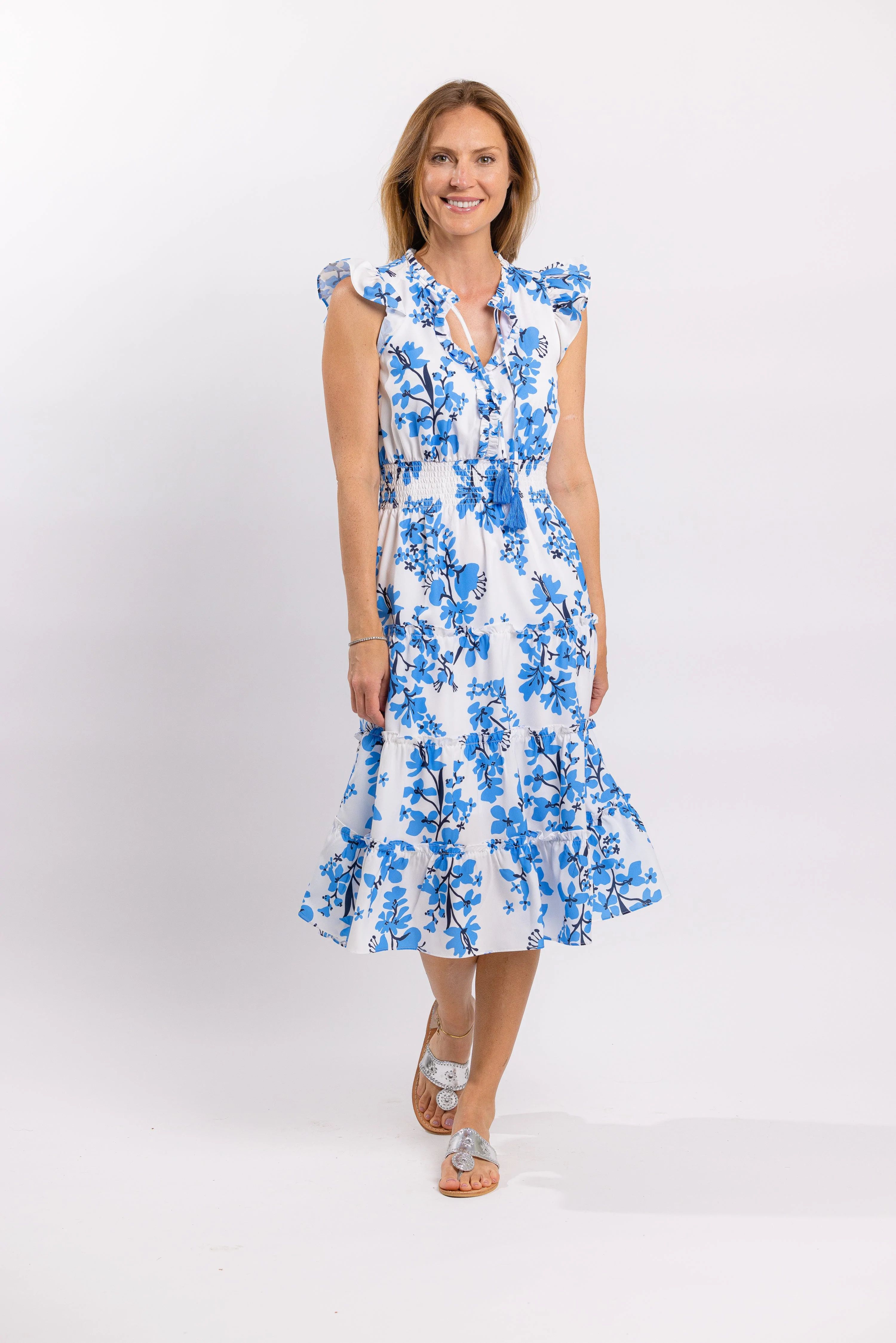 Blue Vines Print Flutter Sleeve Midi Dress | Sail to Sable