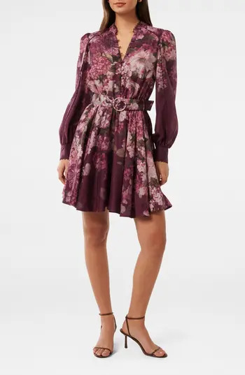 Ever New Vienna Lace Trim Belted Long Sleeve Shirtdress in Adela Floral at Nordstrom Rack, Size 14 | Nordstrom Rack