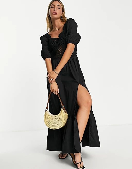 ASOS DESIGN crochet insert cotton poplin maxi dress in black | ASOS | ASOS (Global)