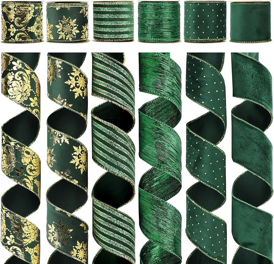 HUIHUANG Christmas Ribbon Wired Green Velvet Christmas Tree Ribbon Green and Gold Wired Ribbons f... | Amazon (US)
