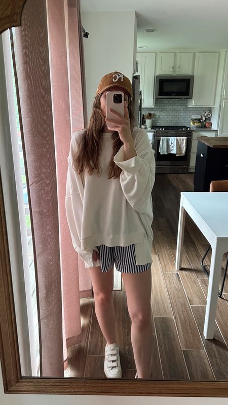 wearing a small in sweatshirt and boxer shorts, shorts run a little big could size down 

Spring outfit, mom outfit, summer outfit 

#LTKFindsUnder100 #LTKSeasonal