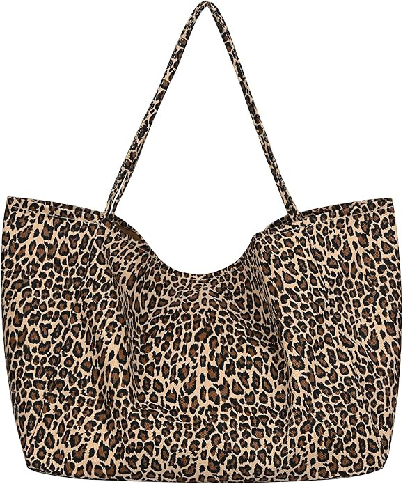 Large Leopard Print Canvas Tote Bag, Shoulder Handbag, Beach Shopping Purse | Amazon (US)
