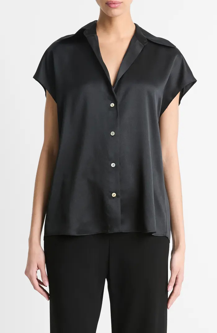 Vince Cap Sleeve Gathered Back Short Sleeve Silk Button-Up Shirt | Nordstrom | Nordstrom