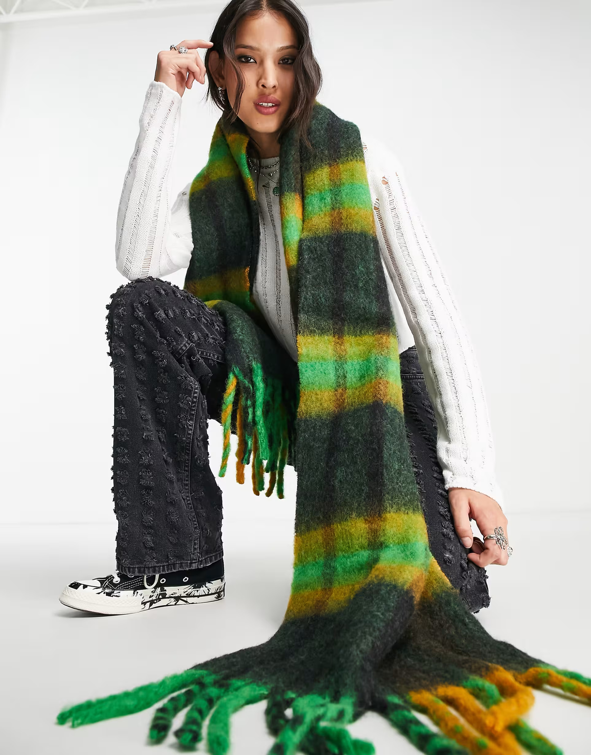 ASOS DESIGN fluffy wool mix tassel scarf in mustard & green check | ASOS (Global)
