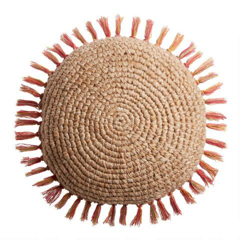 Round Natural Multi Fringe Indoor Outdoor Throw Pillow | World Market