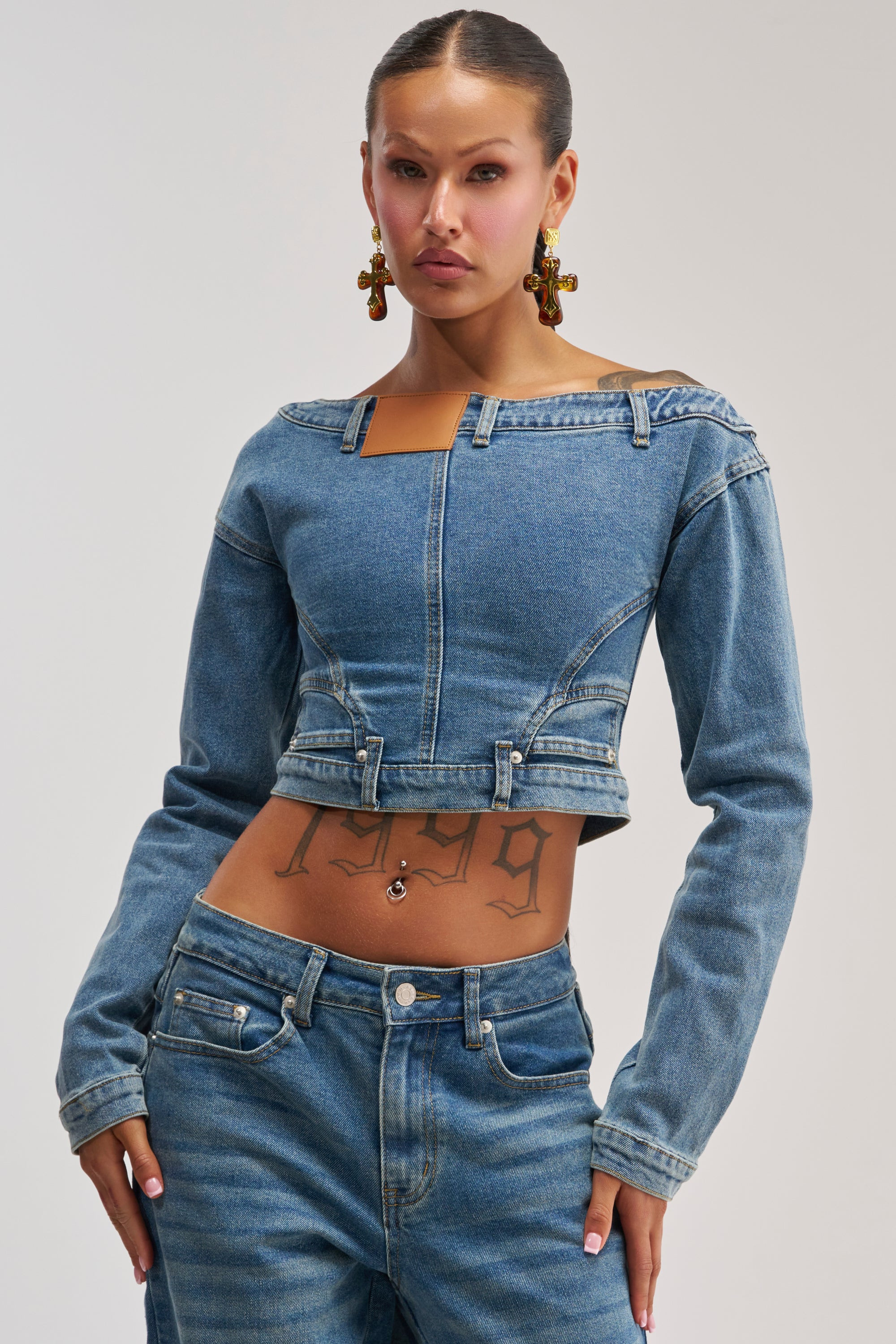 SHAKE IT OFF DENIM OFF THE SHOULDER TOP | AKIRA