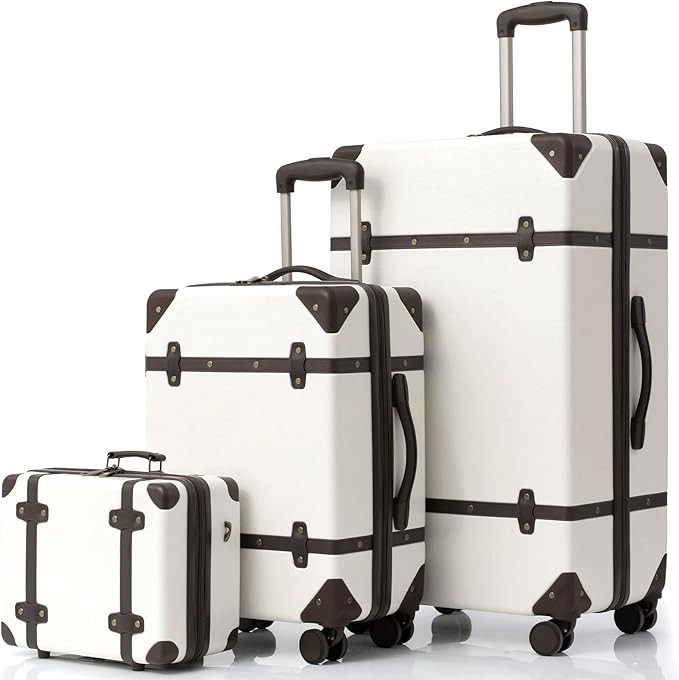 Vintage Trunk Luggage Set with Brown Trim, Lightweight and Durable Hard Shell Suitcase Set with D... | Amazon (US)