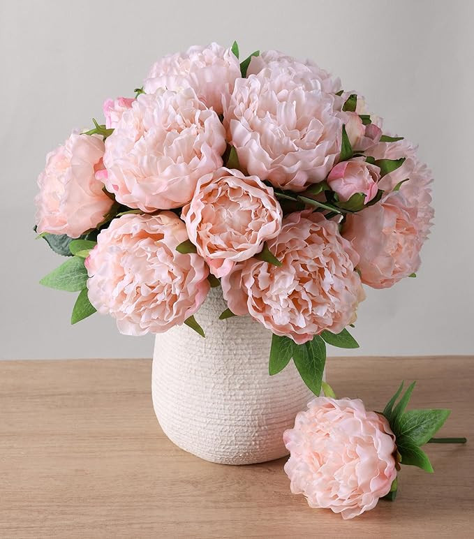 Light Pink Peony Artificial Flowers - 11 Branches Silk Peonies for Vase Arrangements, Wedding Dec... | Amazon (US)